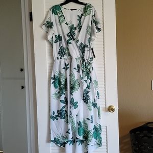 Scobe Hi-Low Faux Wrap Dress with Green Plants 3x